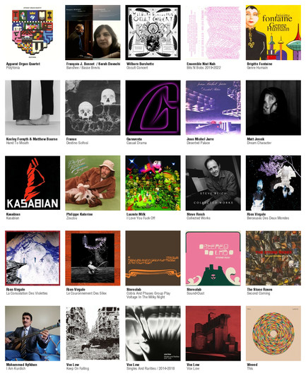 Collage des pochettes des albums de Apparat Organ Quartet (Pólýfónía), François J. Bonnet  / Sarah Davachi (Banshee / Basse Brevis), Wilburn Burchette (Occult Concert), Ensemble Nist Nah (Bits'N'Bobs 2019-2022), Brigitte Fontaine (Genre Humain), Keeley Forsyth & Matthew Bourne (Hand To Mouth), France (Destino Scifosi), Garaventa (Casual Drama), Jean Michel Jarre (Deserted Palace), Matt Jencik (Dream Character), Kasabian (Kasabian), Philippe Katerine (Zouzou), Lucrate Milk (I Love You Fuck Off), Steve Reich (Collected Works), Rien Virgule (Berceuses Des Deux Mondes), Rien Virgule (La Consolation Des Violettes), Rien Virgule (Le Couronnement Des Silex), Stereolab (Cobra And Phases Group Play Voltage In The Milky Night [2025 Reissue]), Stereolab (Sound-Dust [2025 Reissue]), The Stone Roses (Second Coming), Mohammad Syfkhan (I Am Kurdish), Vox Low (Keep On Falling), Vox Low (Singles And Rarities / 2014-2018), Vox Low (Vox Low), Weeed (This)