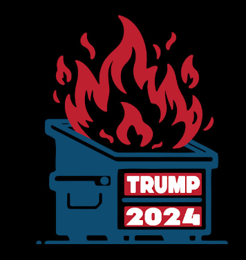 a line drawing of  a dumpster fire  labled  Trump  2024
