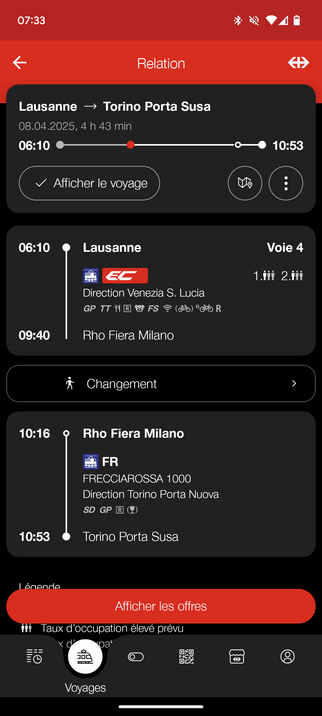 Screenshot de mon itinéraire pour Turin avec un changement à Rho Fiera selon l'application SBB