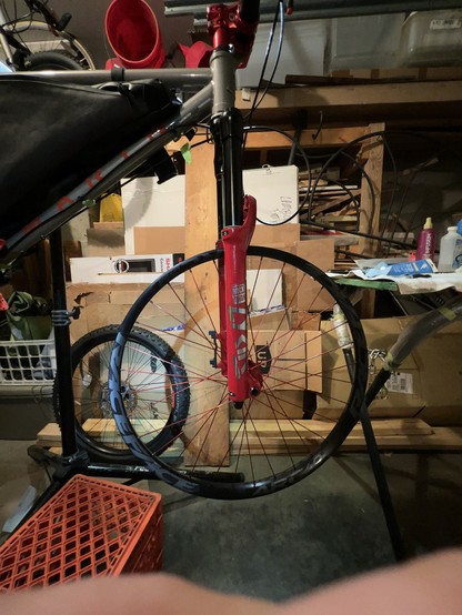 Photo showing First test fit of new front wheel on Marin Pine Mountain eTrail bike project build.
