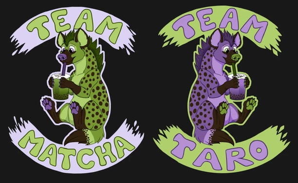 Image showing off two variations of a tshirt design.
The design in question is a cute spotted hyena holding a bubble tea cup in their paws. On the left the hyena is green in color, drinking a matcha bubble tea whilst the text says "Team Matcha". On the right is a purple hyena drinking taro bubble tea with the text "Team Taro".