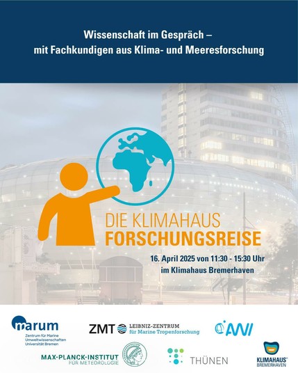 Werbeplakat für die Veranstaltung „Die Klimahaus Forschungsreise“ im Klimahaus Bremerhaven am 16. April 2025.