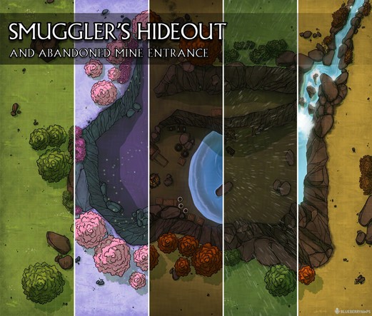 Collage of five pieces of a battlemap, POV top down. It's a portion of the woods in various iterations, with a surface level and a slope that leads to a small stop halfway through the hole, and then the bottom of the hole where there's a mine or a hideout depending of the variant of the map. We can see the five cuts include the woods being all green, with a river and waterfall or without it and instead a mine entrance, in autumn, raining or at night, and a feywild version (which has pink trees and blue grass hahah). On the top left corner there's the title of the map pack in white capital letters: SMUGGLER'S HIDEOUT AND ABANDONED MINE ENTRANCE.
On the bottom right corner you can see my logo of Blueberrymaps very, very tiny!