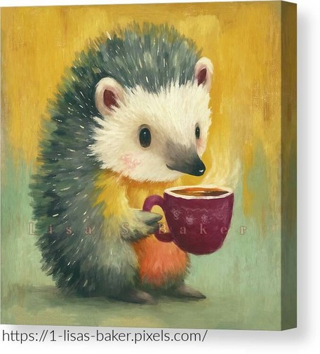 An art print displayed on a canvas of a cute little hedgehog holding a cup of coffee. Art by Lisa S Baker.