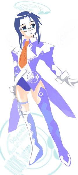 Artwork of Windows Odyssey-tan, an anthropomorphized representation of the Windows Odyssey operating system. The character is dressed in a futuristic outfit with a predominantly blue and white color scheme, featuring geometric patterns and technological motifs. The character wears a long coat with a high collar, an orange tie, and thigh-high boots with intricate designs and glasses
