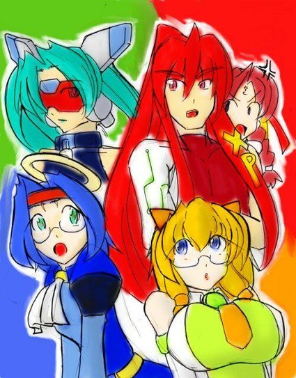 A colorful illustration featuring five anime-style characters, each representing different versions of the Windows operating system. The background is divided into four colored sections: green, red, blue, and orange.

The character in the top left, Neptune-tan, has teal hair, wears a visor, and has a futuristic appearance. The character in the bottom left, Odyssey-tan, has blue hair, a halo, and a clerical outfit. The character in the bottom right, Moseko (Windows MCE), has blonde hair, cat ears, and glasses. The character in the top right, one of the XP-kun, has red hair and an angry expression. Next to XP-kun, Windows 97-tan is depicted with brown hair styled in two braids