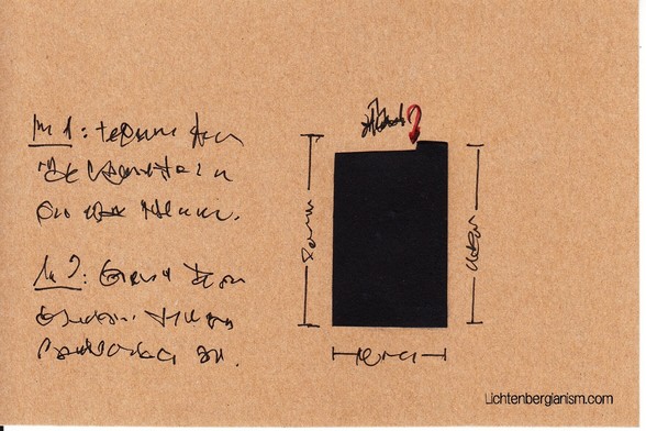 A piece of black art paper is glued onto a kraft paper background. It is rectangular, but a notch is cut out of the top. Asemic writing seems to indicate measurements and perhaps instructions about the situation.