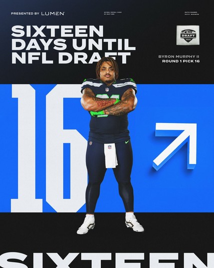 A graphic of Byron Murphy II, who was chosen Round 1 Pick 16 of the 2024 NFL Draft, to showcase that there are 16 days until the NFL Draft.