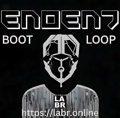 BOOT LOOP - Black and white. Black Background with white accents around Enoent's name. The words boot loop in capitals under that. A picture of a figures shaped into a person. The labr logo in black & white "black background, & white letters" on the persons shirt right under their collar. And the website under that. https://labr.online