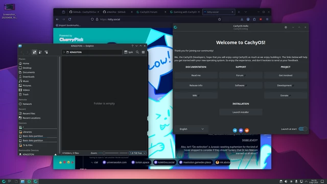 A screenshot of CachyOS taken from the Live USB instance running on my PC. There are three windows open, a browser in the background and two smaller windows in front of it, side by side: the file manager and Cachy's own Hello app with helpful links to various functions. A toolbar sits along the bottom of the screen in the old windows paradigm, start menu at left-hand side and some pinned app icons, with a system try right hand side (KDE is very configurable). It's pleasant out-of-the-box, ripe for tweaking.