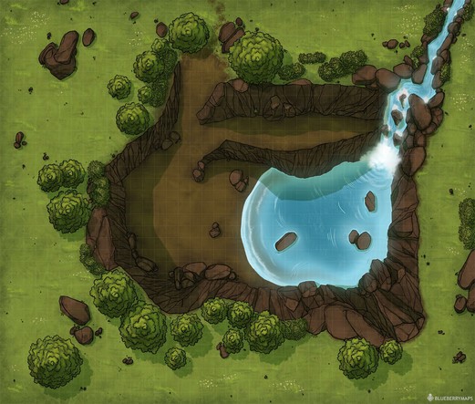 Top down illustration of a battlemap with a grid. This is a foresty area with a hole in the middle, big enouth to hide goods and people if need be. It has trees and bushes all around it and a river that falls cascading into the bottom of this hole, making a pool of water. The hole is accessible through a slope and it has two levels: one small side on the north side and then the slope continues to the bottom. The surface is all green with grass and some white flowers, some big stones too. The hole is all dirt and rocks. My logo of BLUEBERRYMAPS with a stylized astrolabe, in white.