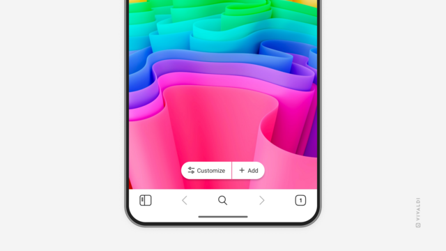Start Page with a colorful wallpaper image in Vivaldi on Android. Customize and Add buttons are displayed just above the Navigation Bar at the bottom of the screen.