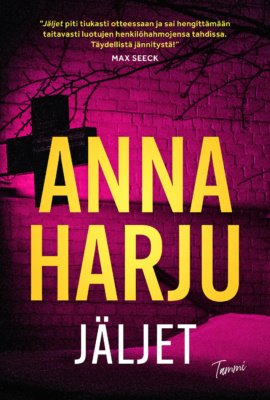 Jäljet-kirjan kannessa on magentanvärinen mustavalkokuva tiiliseinästä, jossa näkyy puun lehdettömiä oksia ja apteekin tunnusristi.