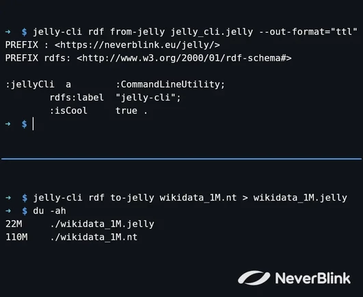 Two examples of the rdf from-jelly and rdf to-jelly commands in CLI, the latter demonstrating that the nt file is 5 times larger than the jelly file