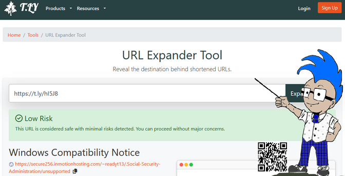 A page from t.ly that shows the short link leads to a page that is...definitely not hosted on ssa.gov