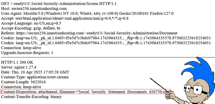 The site delivers a file named "Social Security Statement Documents [six random numbers].exe" and the numbers change every time you download the file.