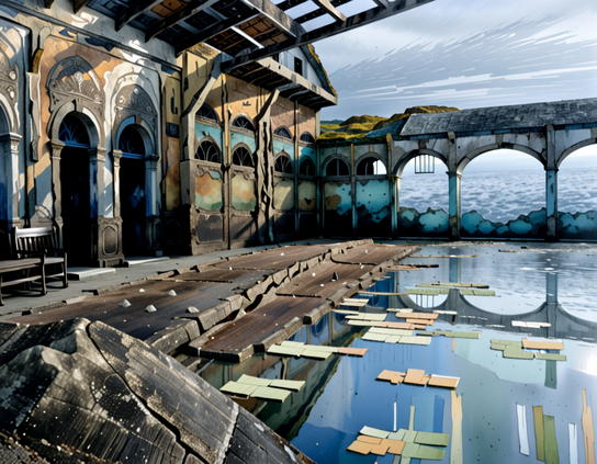 The exterior of a carousel building at an abandoned amusement park, with arched doors and painted panels, a derelict pool in the foreground, and a choppy lake visible in the background.