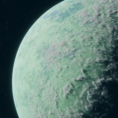3D rendering of a green planet covered in white clouds, seen from orbit.