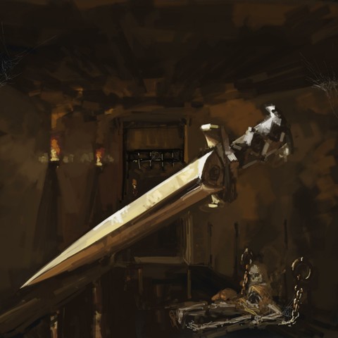 Digital painting of dagger floating in a medieval torch lit dungeon