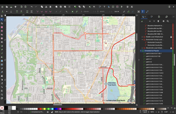 Bike map extension into Edmonds and Lynnwood. It's kinda sparse but a lot less so, and you can start to see how things connect together insofar as they do.