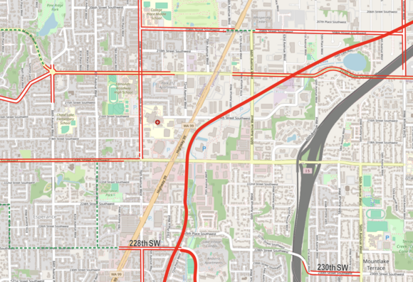 Zoom in of a bike map in progress showing Highway 99 in southern Snohomish County around Lynnwood and Edmonds, with bike infrastructure highlighted.