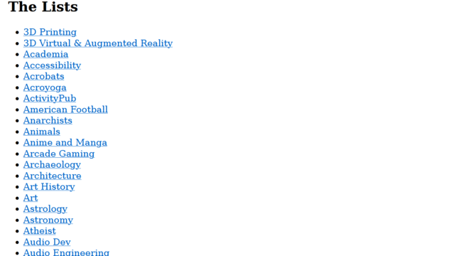 Screenshot showing part of the lists of people on the Trunk for various special interests or hobbies.