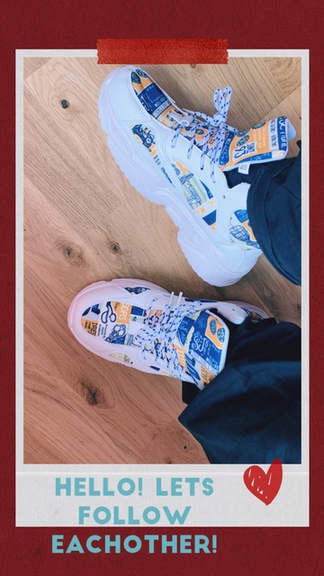 Image of a pair of sneakers. Text says ”lets follow eachother”.