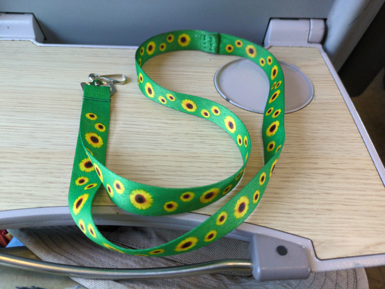 Green lanyard with sunflower pattern, on train table.