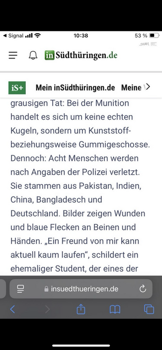Screenshot Artikel: Bei der Munition handelt es sich um keine echten Kugeln, sondern um Kunststoff-beziehungsweise Gummigeschosse. Dennoch: Acht Menschen werden nach Angaben der Polizei verletzt. Sie stammen aus Pakistan, Indien, China, Bangladesch und Deutschland. Bilder zeigen Wunden und blaue Flecken an Beinen und Händen. „Ein Freund von mir kann aktuell kaum laufen", ", schildert ein ehemaliger Student,