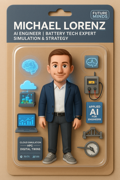Illustration of a packaged action figure resembling Michael Lorenz, labeled as an "AI Engineer | Battery Tech Expert | Simulation & Strategy." The package includes digital-themed accessories: a glowing brain, a cloud with data visualization, a laptop with charts, a battery tester, a CPU chip with neural network pattern, a gauge, a bridge model, and a book titled "Applied AI for Engineers." The lower section features icons for cloud simulation, HPC, and digital twins. The design mimics a toy collectible style, with a tech-professional theme.