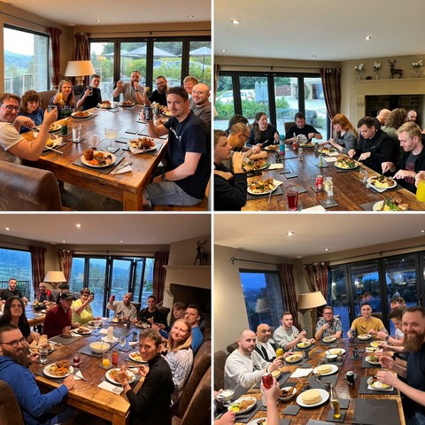 A collage of photos depicting people from various years of CODECABIN, enjoying meals together in a cosy cabin.