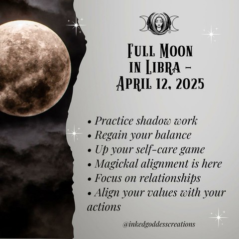 The left third of the image contains a full moon in front of dark clouds. The rest of the image contains text that describes the energies that will be prominent during the Full Moon in Libra on April 12th, 2025, and how you can work with them. The text reads, "Practice shadow work, Regain your balance. Up your self-care game. Magickal alignment is here. Focus on relationships. Align your values with your actions." Presented by Inked Goddess Creations.