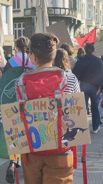 am Rücken einer Person sieht man ein Pappschild: "Du kommst mit der Segelyacht, wir kommen mit den Orcas"

Im Hintergrund sieht man Teile des Demozugs, u.a. eine rote Fahne und eine Person mit dem Progress-Pride-FFF-Umhang