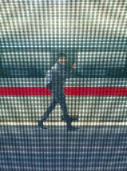 Traveler walking on a platform, photographed through the sunscreen of a train car. Behind the traveler, another train is visible.