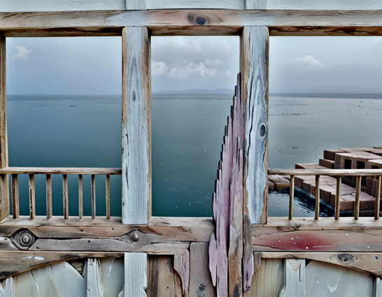 View from a weathered wooden building, with fading lavender and aqua painted geometric framing, overlooking a calm, silvery lake under a bright gray-blue sky.