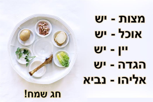 קערת פסח וכיתוב: מצות - יש. אוכל - יש. יין - יש. הגדה - יש. אליהו - נביא.