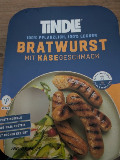 Die Verpackung der Tindle Bratwurst mit Käsegeschmack