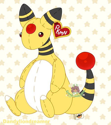 the pokemon ampharos as a stuffed animal beanie baby!

ampharos is an anthro sheep pokemon, with two ear like horns with black stripes on them, on the neck, and on the tail. their head has a red orb in the middle of it and their tail has a red orb at the end of it. its stomach is white and it has a white tip to the  foot.

its red heart tag on the horn says "PKMN" and its tail tush tag has a fast ball pokeball on it

#promosky #artsky #ocsky