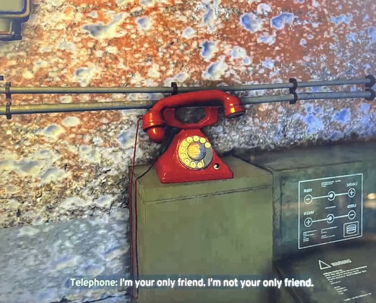 Image taken from the computer game "Atomfall". A bright red rotary telephone is sitting atop rather weathered-looking green metal electrical boxes, against a very pocked and discoloured interior wall. The receiver is partly out of the cradle. Subtitles: "Telephone: I'm your only friend. I'm not your only friend."