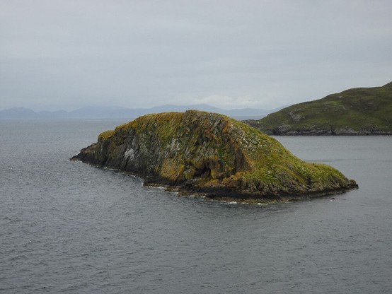 Un islote grande, rocoso, cubierto de hierba y musgo, sin árboles, cerca de la costa. El mar, gris oscuro.