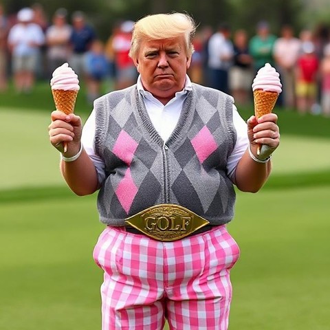 President Donald Trump wearing classic golf wear, including pink checkered knickers and an argyle sweater vest, on the fairway at the Masters golf Championship. He's holding an ice cream cone in each hand, and wearing a large gold championship belt that reads "golf".