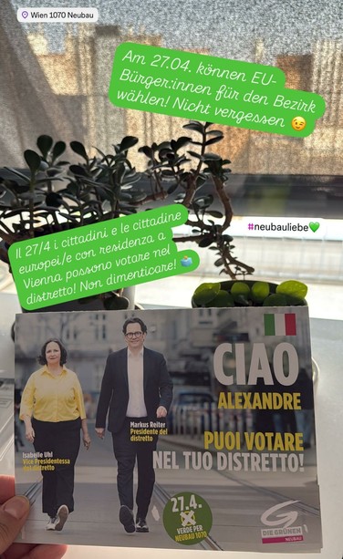 Personalisierter Brief der Neubauer Grünen an Alexandre auf italienisch
