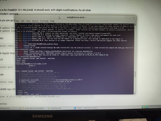 A photo of a Linux terminal emulator screen with multicoloured mono space text on a black background, showing an npm  exception error.