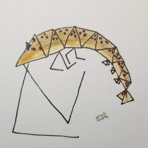 Ink drawing of a tan shrimp who has triangle-shaped body segments, tail & eye.