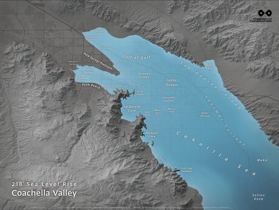 Gray and blue map of the Coachella Valley with 66m sea level rise—most of the valley is flooded