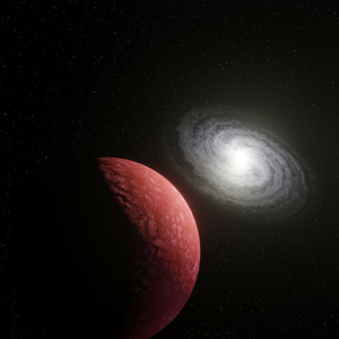3D rendering of a red oxide planet in space, with a spiral galaxy in the background