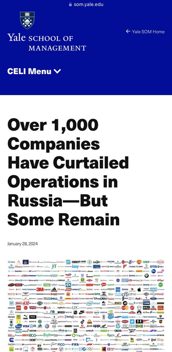 Screenshot of the webpage for the Yale School Of Management’s lists of companies and their business relationships with Russia.
