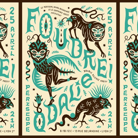 Affiche de concert pour le groupe Foudre et Odalie illustrée aves différentes chimères