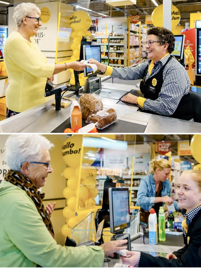 Two pictures with two different cashiers chatting, smiling and taking their time at the checkout with two different customers.