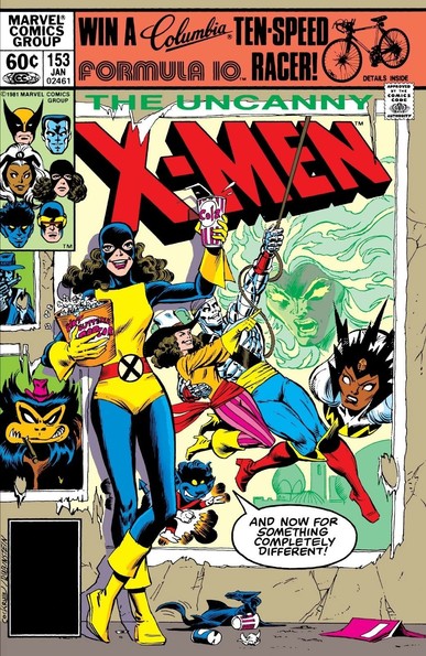 The colorful comic book cover from The Uncanny X-Men #153. The main focus is on Kitty holding snacks and a drink. Various other characters, including superheroes and villains, are prominently displayed in the background